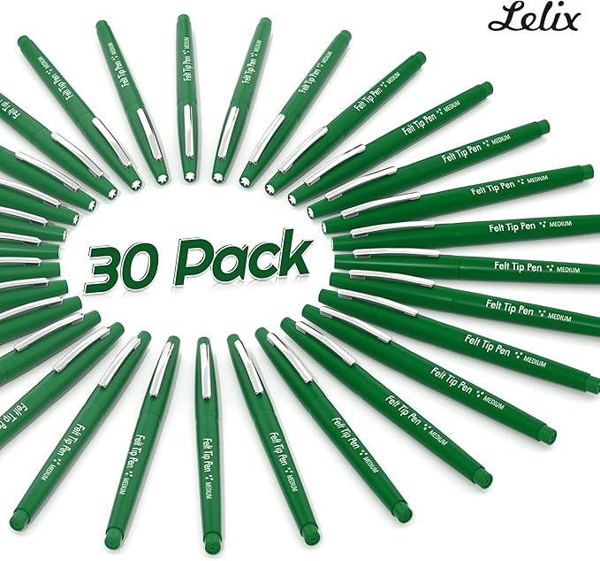 Lelix Felt Tip Pens, 30 Green Pens, 0.7mm Medium Point Felt Pens, Felt Tip Markers Pens for Journaling, Writing, Note Taking, Planner, Perfect for Art Office and School Supplies