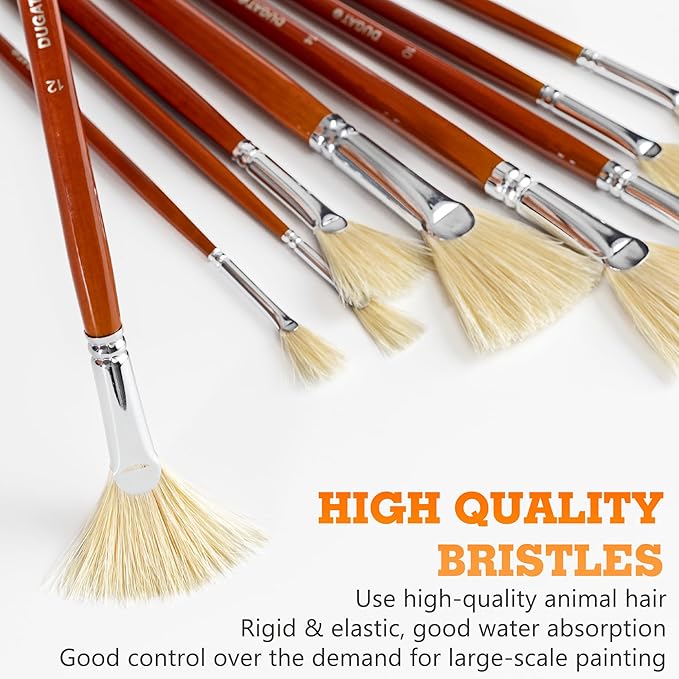 DUGATO Artist Fan Paint Brush Set of 9, White Hog Bristle Natural Hair Anti-Shedding Brush Tips, Long Wooden Handle for Comfortable Holding, Great for Acrylic Watercolor Oil Painting