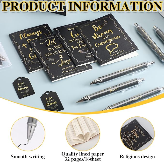 200 Pcs Bible Verse Sets Church Christian Gift Include 50 Scripture Notebooks 50 Bible Bamboo Pens 50 Thanks Tags 50 Organza Bags for Women Man Christian Party Gifts(Black,Fresh)