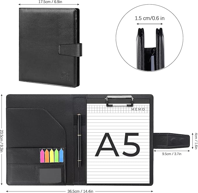 A5 Leather Portfolio Binder, Interview Legal Document Organizer with Magnetic Closure Cover with A5 Sized Papers,Sticky Tabs,Pen,Mini Document Organizer Folder for Men Women,Black