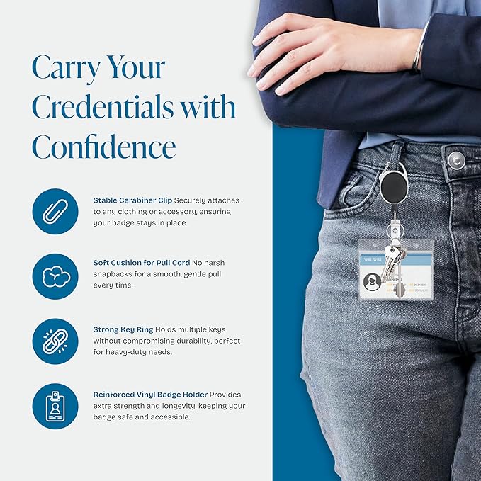 Will Well ID Badge Holders with Clip and Keyring - Horizontal Clear Plastic 2.52" x 3.58" Sleeves Fit Up to 3 Cards - Retractable 24" UHMWPE Fiber Pull Cords for Easy Access - 2-Pack, Black Reels