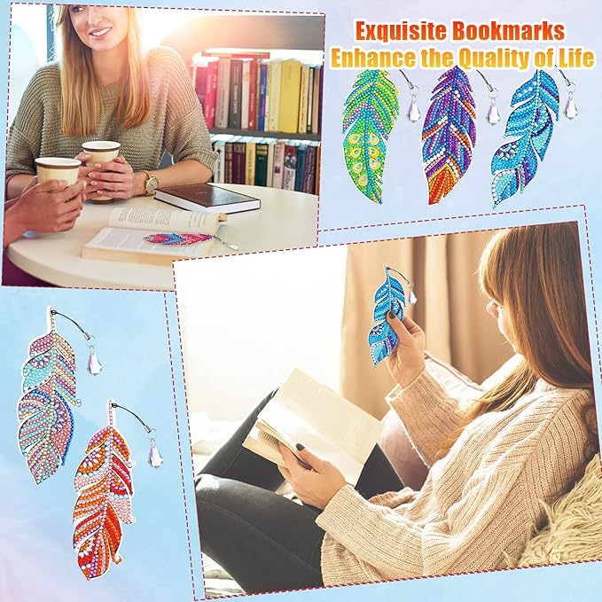8 Pcs 5D Diamond Painting Bookmarks Kits DIY Feather Bookmark Diamond Art Bookmarks Crystal Shaped Diamond Feather Bookmark for Home Office Project