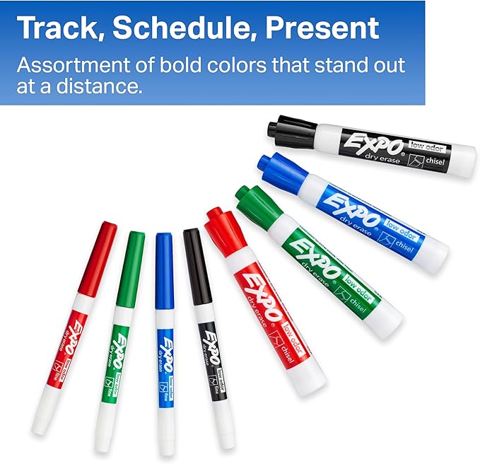EXPO® Dry Erase Markers Set, Mixed Tip White Board Markers with White Board Eraser, Assorted Colors, 11 Count