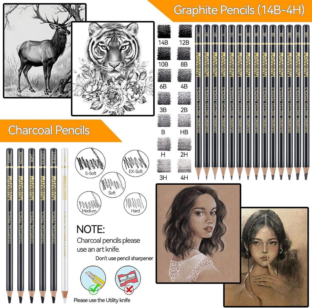 PANDAFLY 26-Piece Professional Sketch Pencil Set - Includes 4H to 14B Graphite Pencils, Charcoal Pencils, Charcoal Sticks, Vinyl Eraser, Kneaded Eraser, Sharpener, Blending Stump