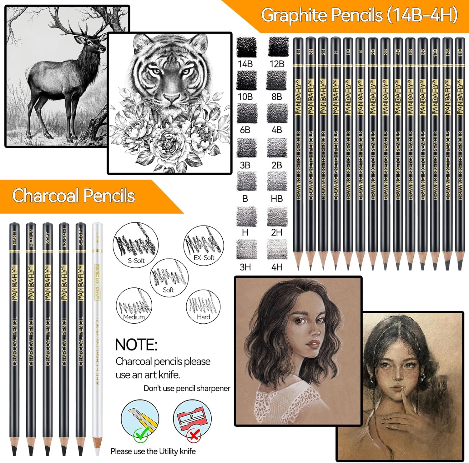 PANDAFLY 26-Piece Professional Sketch Pencil Set - Includes 4H to 14B Graphite Pencils, Charcoal Pencils, Charcoal Sticks, Vinyl Eraser, Kneaded Eraser, Sharpener, Blending Stump