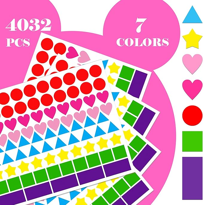 YSHIHE 4032 PCS Multi Shape Stickers 7 Colors 6 Shaped Stickers,Coding Labels,Dot Stickers for Toddlers Kid DIY Student Classroom Office(Round,Hearts,Stars,Triangle,Square,Rectangle)