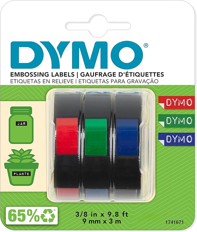 DYMO Self-Adhesive Embossing Labels, 3/8-Inch x 9.8-Foot Roll, Assorted Colors, 3 Pack