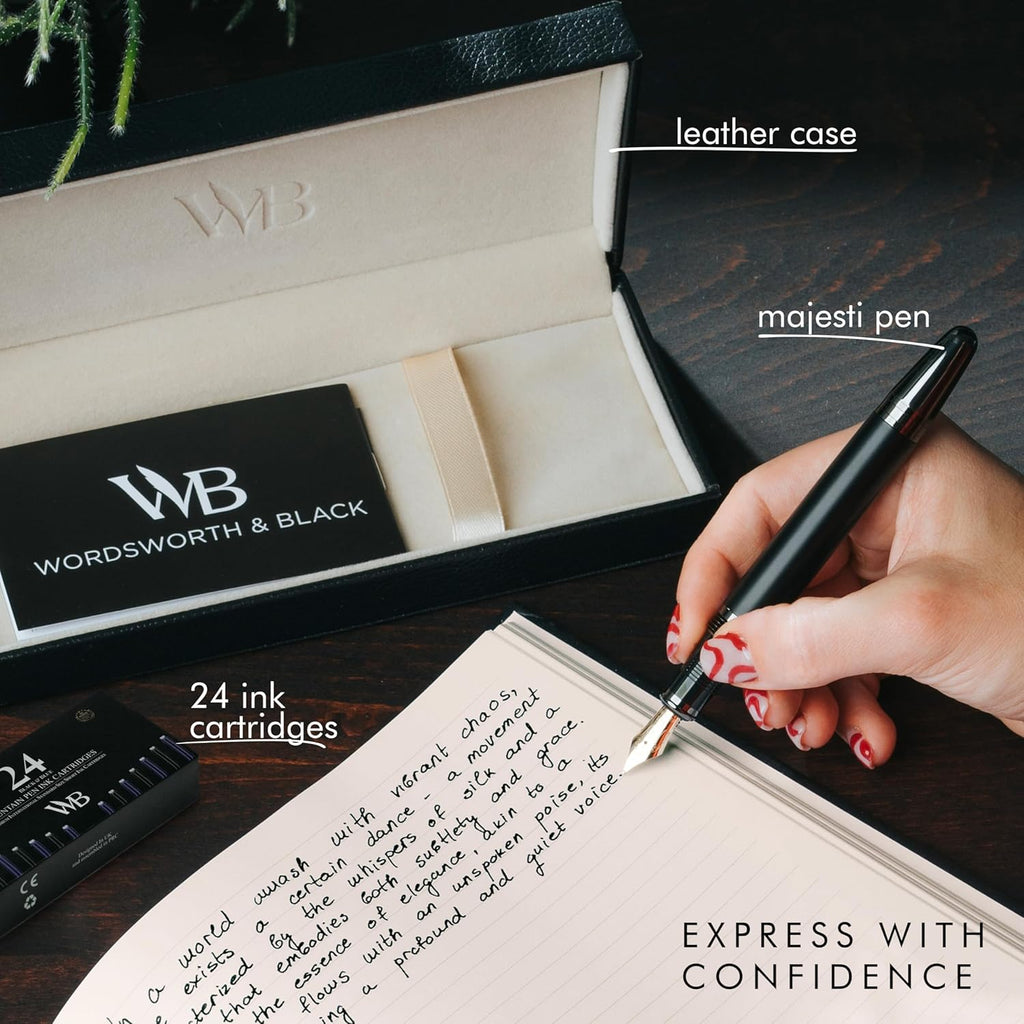 Wordsworth & Black Majesti Fountain Pen-(Black), Luxury Case, 24K Gold Finish; 18K Gilded Medium Nib- Ink Cartridges, Refillable Ink Converter-Calligraphy Pen-Best Business Gift Set for Men & Women