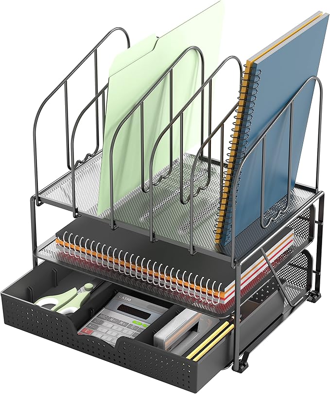 DecoBros Mesh Desk Organizer with Double Tray, 5 Upright Sections and Sliding Drawer, Black
