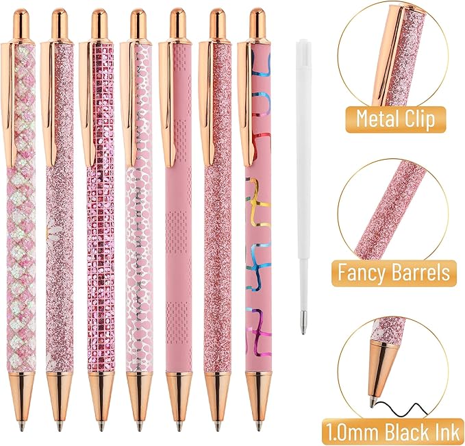 Mr. Pen- Fancy Pens for Women, Pink Paradise, 7 Black Ink Ballpoint Pens with 10 Refills, 1.0mm, Cute Pens for Journaling, Easter Gift