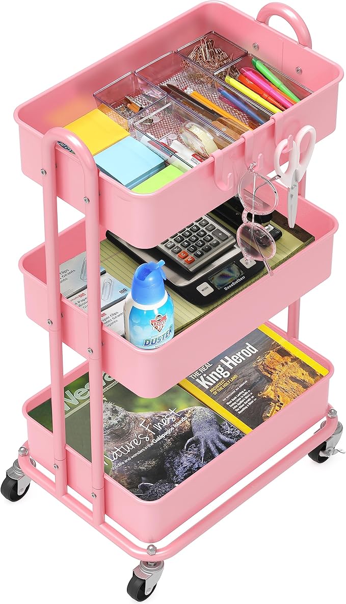 Simple Houseware Heavy Duty 3-Tier Metal Utility Rolling Cart, Pink
