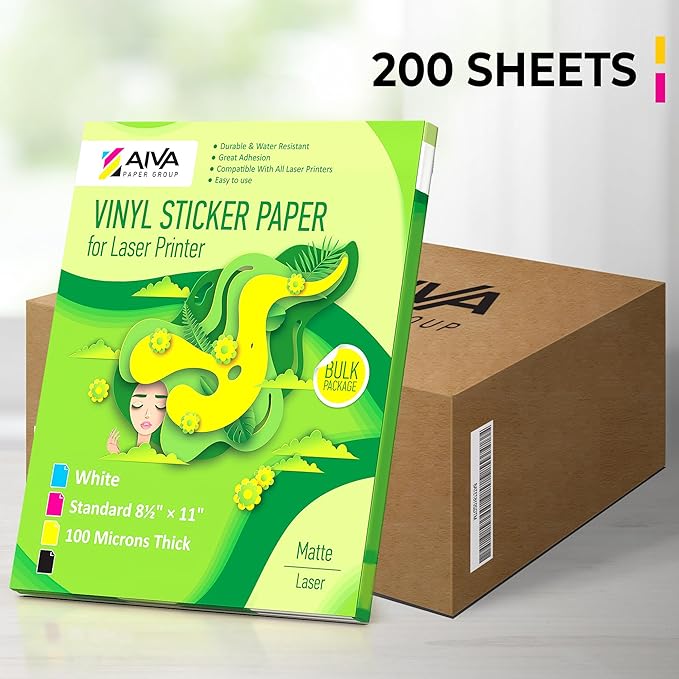 Printable Vinyl Sticker Paper for Laser Printer - Matte White - 200 Self-Adhesive Sheets - Waterproof Decal Paper - Standard Letter Size 8.5"x11"