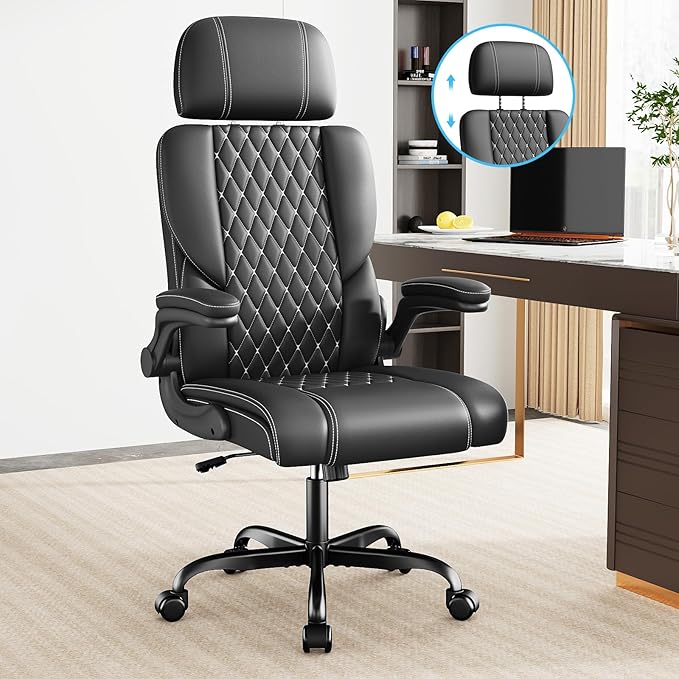 Sytas Executive Leather Office Chair, Comfy Desk Chair with Adjustable Headrest & Flip-up Padded Arms & Lumbar Support, Adjustable Hight and Tilt, Rolling Swivel Chair, Black