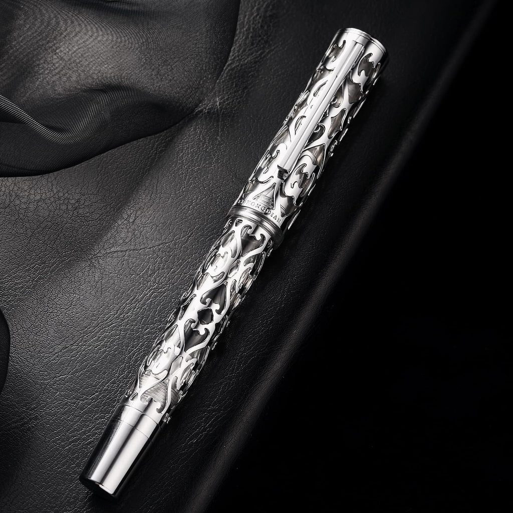 Hongdian D1 Piston Fountain Pen Fine Nib, Hollow Skeleton & Resin with Metal Case Set (Silver)