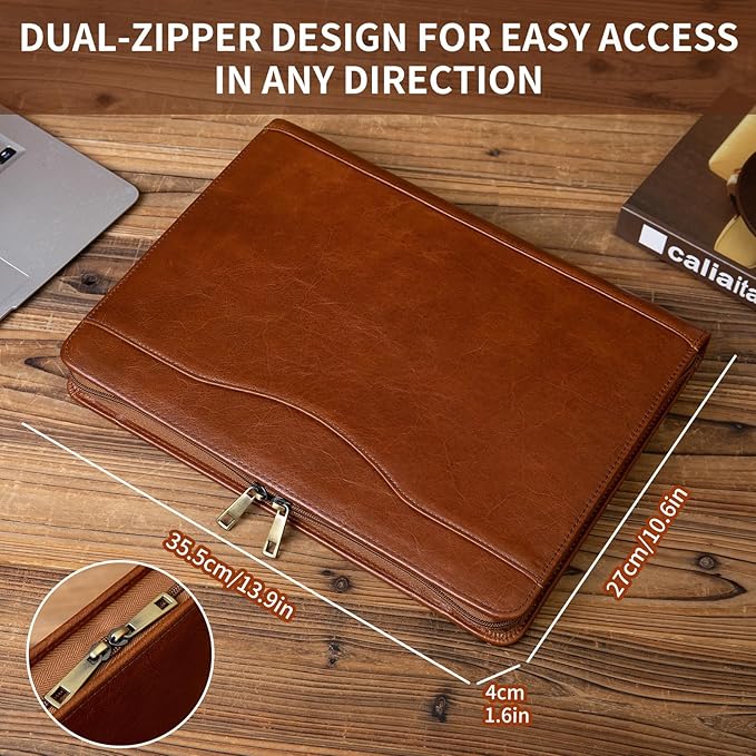 YIWEN Handmade Crazy-Horse Leather 3 Ring Binder Portfolio Padfolio Folder with Zipper for Men and Women, Business Organizer for Letter A4 Size for Meeting and Travel (Custom Engraved, Oil Wax-Brown)