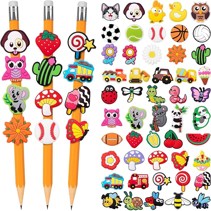 WDAHDHP Pencil Clip Topper, 50 Pcs Different Pencil Topper Decoration, Cute Pencil Charms for Kids Students School Gifts Classroom Rewards