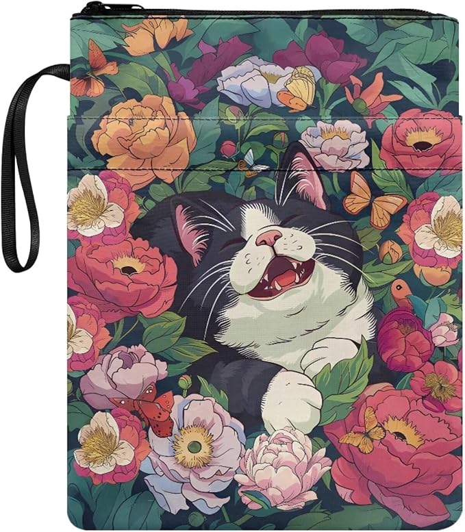 COEQINE Book Sleeves Cats Flower Book Covers Book Lover Gifts Book Protector with Zipper Book Covers for Paperbacks Book Pouch with Pockets Travel Book Case