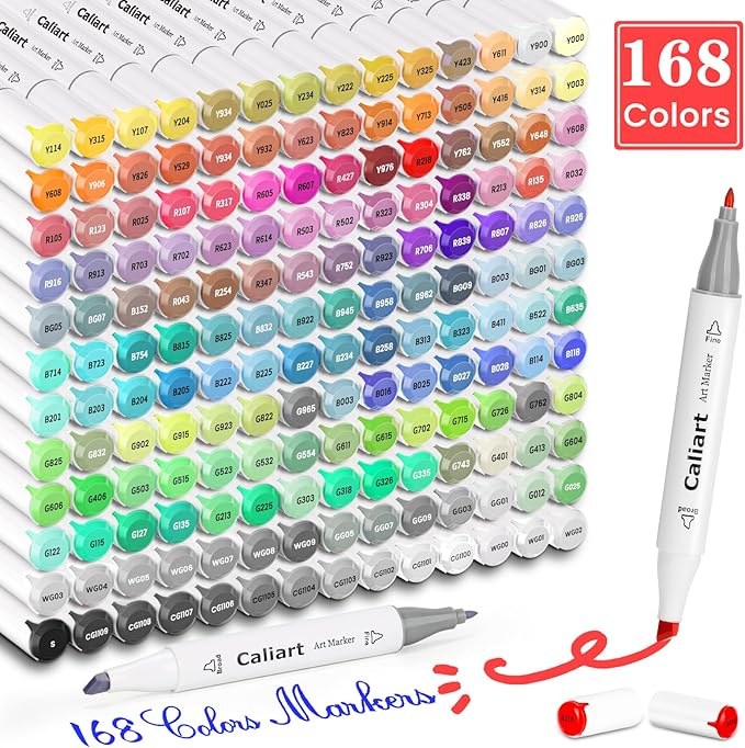 Caliart Markers, 168 Colors Dual Tip Art Markers Sketch Pens, Easter Basket Stuffers for Kids Teens Toddler, Permanent Alcohol Based Markers for Adult Book Eggs Decorations Gift Drawing Supplies Kit