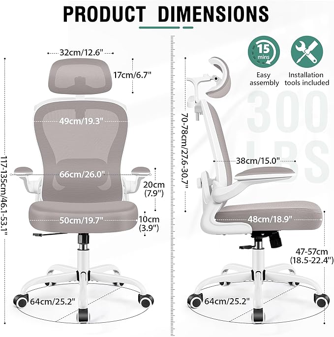 Office Chair, Ergonomic Office Chair with 3D Lumbar Support 3D Headrest, Comfy High Back Home Desk Chairs, Breathable Mesh Computer Chairs with Flip-Up Armrests & Hanger(Gray)