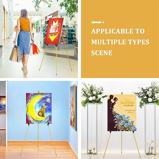 Display Artist Easel Stand - 63" Instant Tripod Collapsible Portable Floor Easel - Easy Folding Adjustable Art Poster Metal Stand for Display Show, Wedding, Painting - Gold