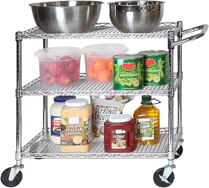 Seville Classics 3-Tier UltraDurable Commercial-Grade NSF-Certifed Service Utility Storage Cart, 34" W, Chrome (1 Pallet of 34 Packs)