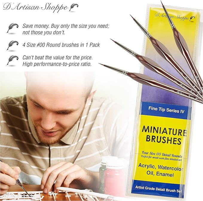 Fine Tip Paint Miniature Brushes. 4pc Round 00 Detail Paintbrushes Set for Acrylic Watercolor Oil - Art Model Craft Warhammer Hobby Paint by Numbers Painting