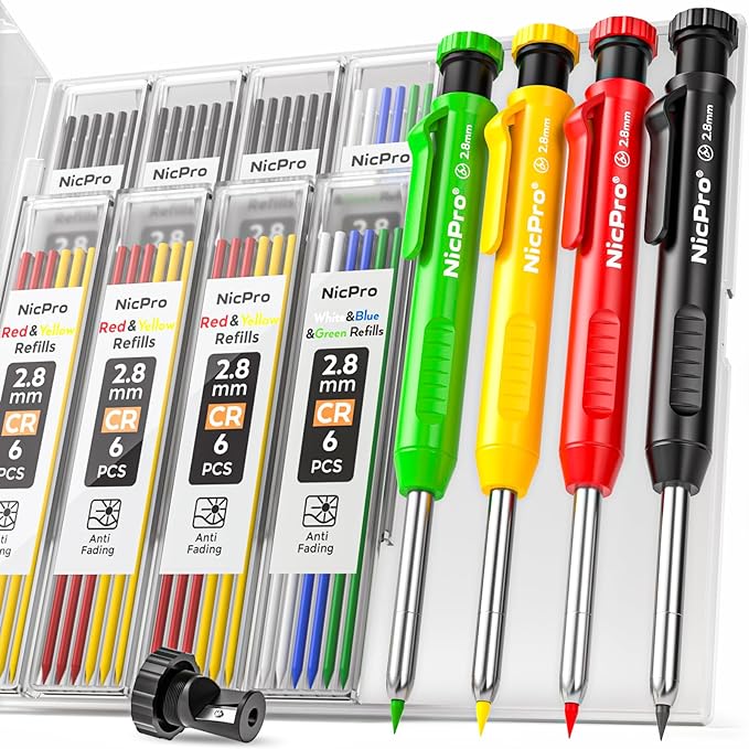 Nicpro 4 Pack Carpenter Pencil with Sharpener, Mechanical Carpenter Pencils with 52 Refills, Construction Pencil Heavy Duty Woodworking Pencils for Architect (Red, Black, Yellow, Blue)