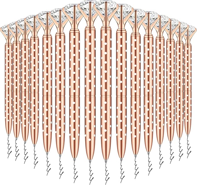 PASISIBICK 16 Pcs Rose gold Diamond Pens with Polka Dots - Bling Wedding Gifts for Women Bridesmaid Coworkers Metal Ballpoint Pens with Black Ink (Rose Gold with White Polka Dots)
