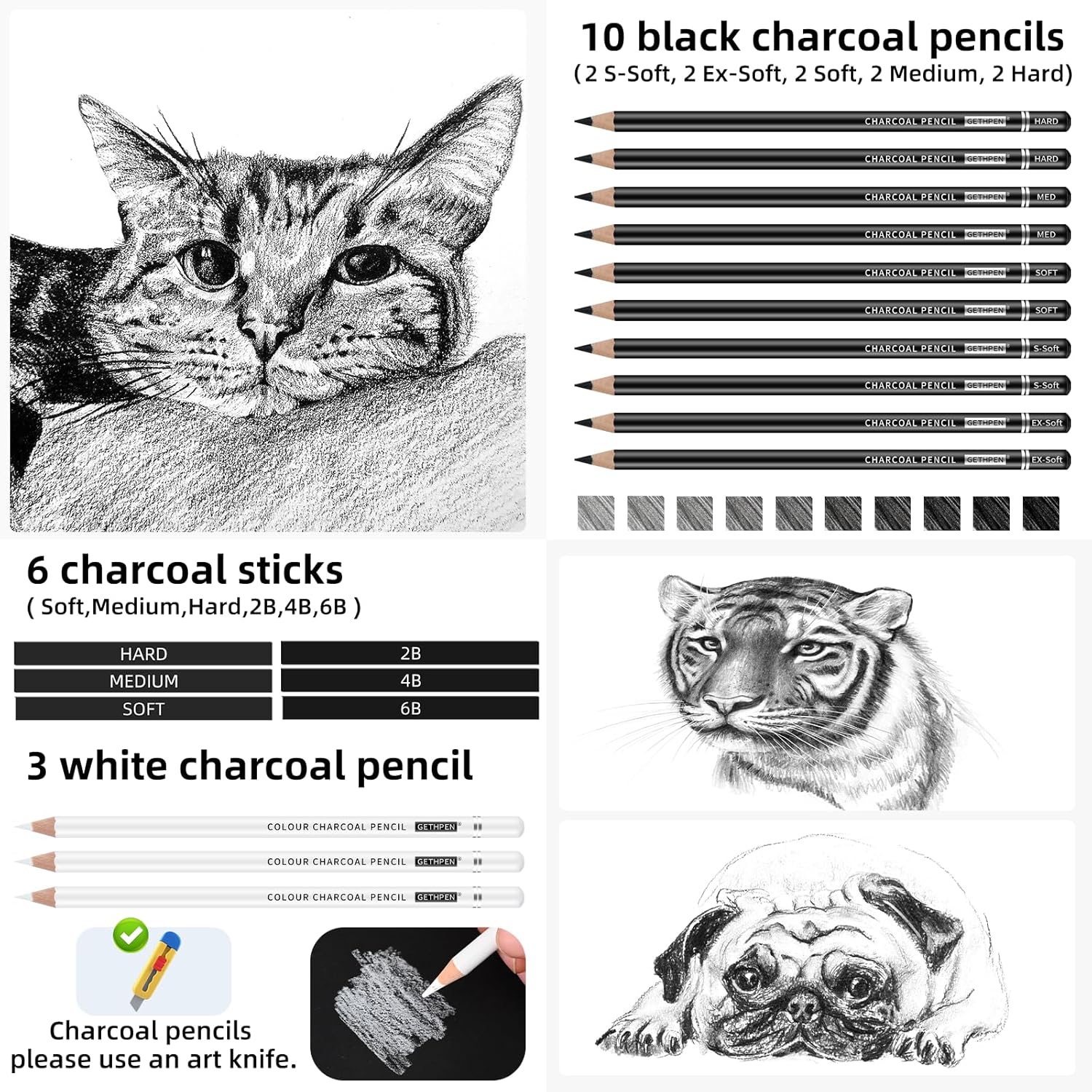 27 Piece Charcoal Drawing Set - Professional Black & White Charcoal Pencils for Sketching, Shading & Blending, Graphite Sticks with Artist Art Supplies Kit (Beginners & Professionals)