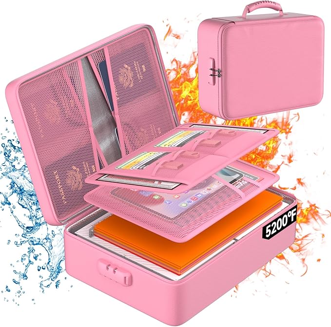 DocSafe 5200°F Document Organizer with Lock,Upgraded Heat Insulated Fireproof＆Waterproof Box 8 Layers File Organizer,Portable Home Travel Safe Storage for Important Documents, Files,Pink (Soft)