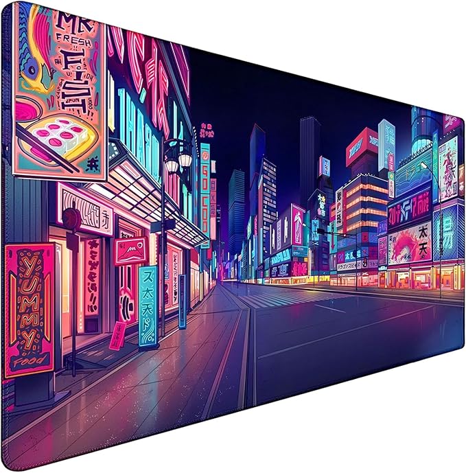 Japanese City Big Desk Mat Large Office Desk Pad, Durable Extended Mouse Mat, 35.4"x15.7" Computer Mousepad with Non-Slip Rubber Base & Stitched Edge for Home Office Gaming Work