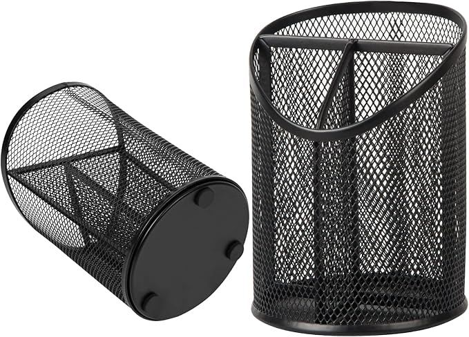 2 Pack Pen Holder Pen Organizer for Desk Mesh Round Pencil Holder Desktop Organizer 3 Compartments Pencil Organizer Desk Organizer for Office Home School, Black