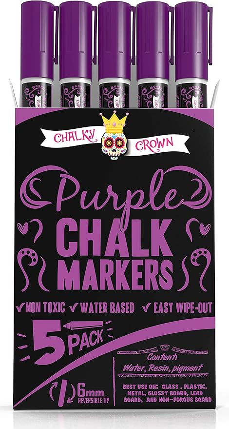 CHALKY CROWN Liquid Chalk Marker Pen - Dry Erase Marker - Chalk Markers for Chalkboard Signs, Windows, Blackboard, Glass - 6mm Reversible Tip (Purple, 5 Pack)