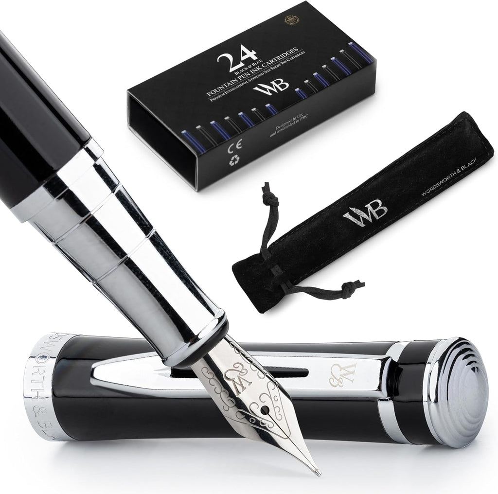 Wordsworth & Black Fountain Pen Set, Medium Nib, Includes 24 Pack Ink Cartridges, Ink Refill Converter & Gift Pouch, Chrome Finish, Calligraphy, [Black Chrome], Perfect for Men & Women