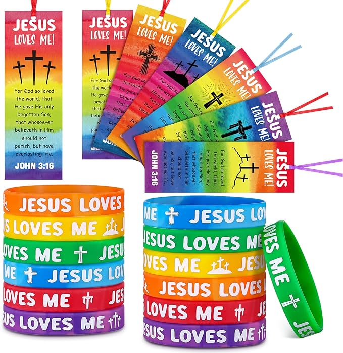 30 Sets/ 60 Pcs Jesus Loves Me Wristbands with John 3: 16 Religious Christian Bookmarks Gift, Include 30 VBS Bible Verse Rubber Wristbands 30 Inspirational Cross Bookmark for Sunday School