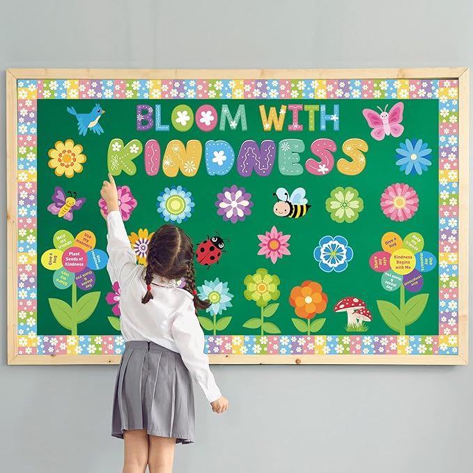 Kosiz Spring Kindness Bulletin Board Decorations Set Flower Paper Cutouts Bloom with Kindness Colorful Butterfly Bee Bird Classroom Decorations with Floral Border for School Chalkboard Wall Door Home