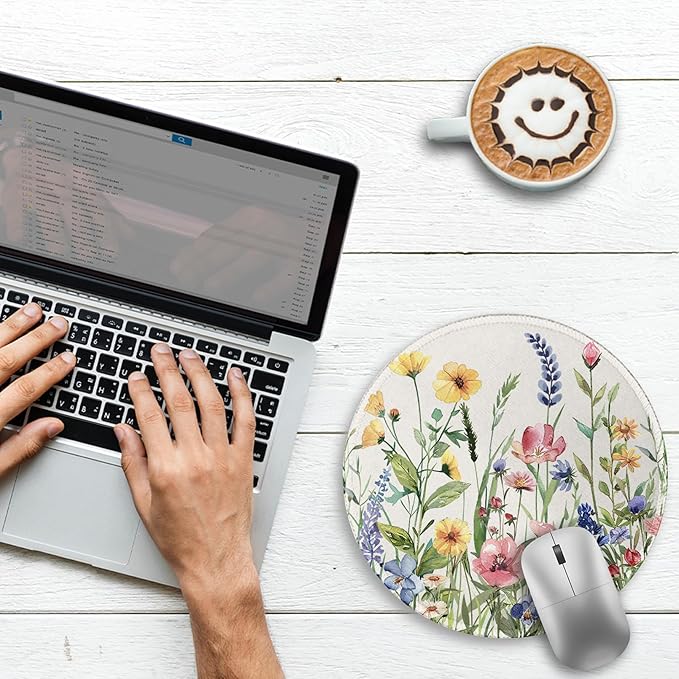Gctriki Flowers Plants Mouse Pads for Desk,Cute Floral Small Round Mousepad with Stitched Edge Non-Slip Rubber Base,Comfortable Computer Mouse Pad for Laptop, Cute Office Desk Accessories Decor