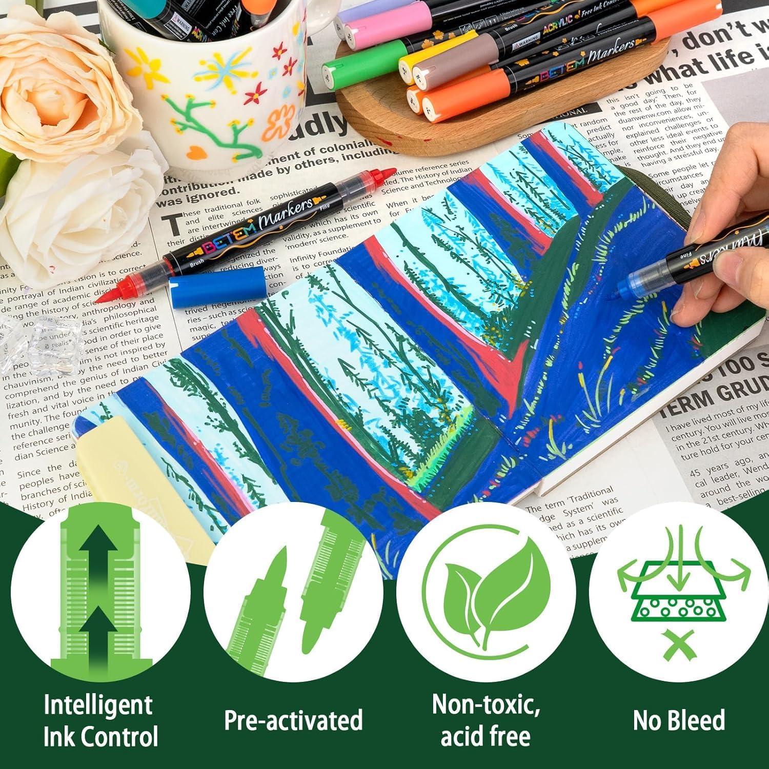 Acrylic Paint Markers Paint Pens, 36 Colors Dual Tip Direct Liquid Acrylic Markers with Automatic Ink Control System, Fine & Brush Tip Art Supplies for Rock Painting, Wood, Stone, Fabrics, DIY Craft