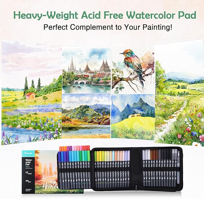 Watercolor Pens Set, 48-Color Dual Tip Paint Markers, Water-Based Coloring Markers with 1 Aquapen, 2 Colorless Blenders, 1 Black Marker, and 12-Page Pad, Art Supplies for Artists & Beginners