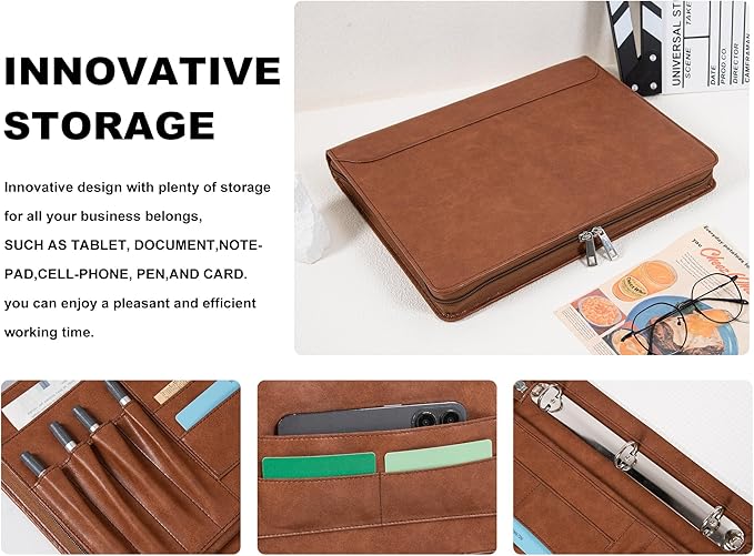 AZXCG Padfolio for Women, 3 Ring Binder Business Portfolio, Vegan Leather Zipper Binder Portfolio Folio, Document Notebook Organizer with A4 Clipboard Folder, Gift for Men, Brown