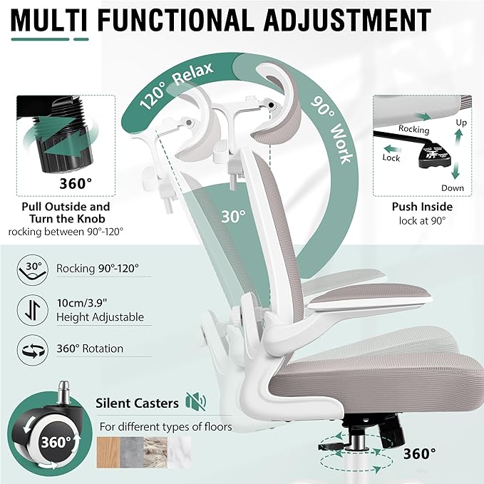 Office Chair, Ergonomic Office Chair with 3D Lumbar Support 3D Headrest, Comfy High Back Home Desk Chairs, Breathable Mesh Computer Chairs with Flip-Up Armrests & Hanger(Gray)