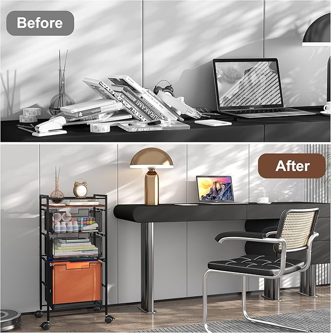 EasyPAG Rolling File Cabinet, Metal File Organizer Storage Cart, Mobile File Cart with Removable Drawers with 4 Swivel Casters Rolling Wheels Cart, 1 File Drawer and 2 Small Drawers, Black