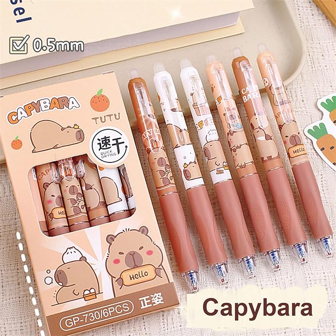 6 Pcs Erasable Gel Pens Capybara Erasable Retractable Cute Pens Cartoon Pens 0.5mm Black Ink Pen Office School Pens Women Girls Boys Pens (Black Ink-Capybara)