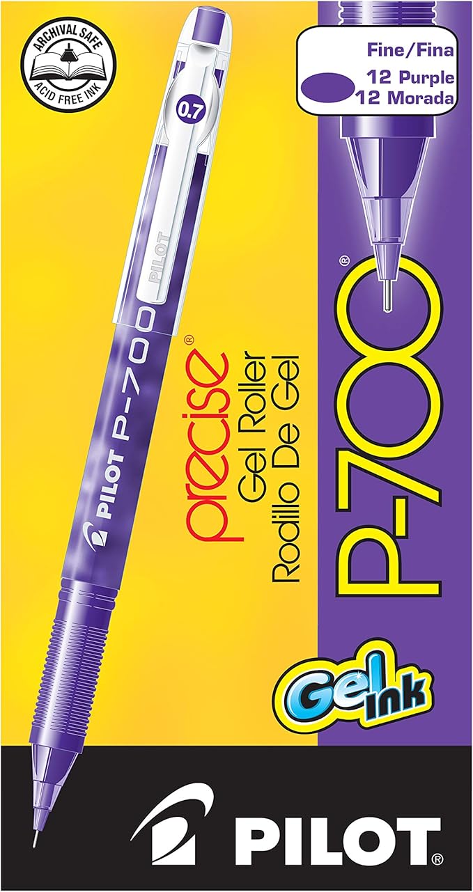 Pilot, Precise P-700 Gel Ink Rolling Ball Stick Pens, Marbled Barrel, Fine Point 0.7 mm, Purple, Pack of 12