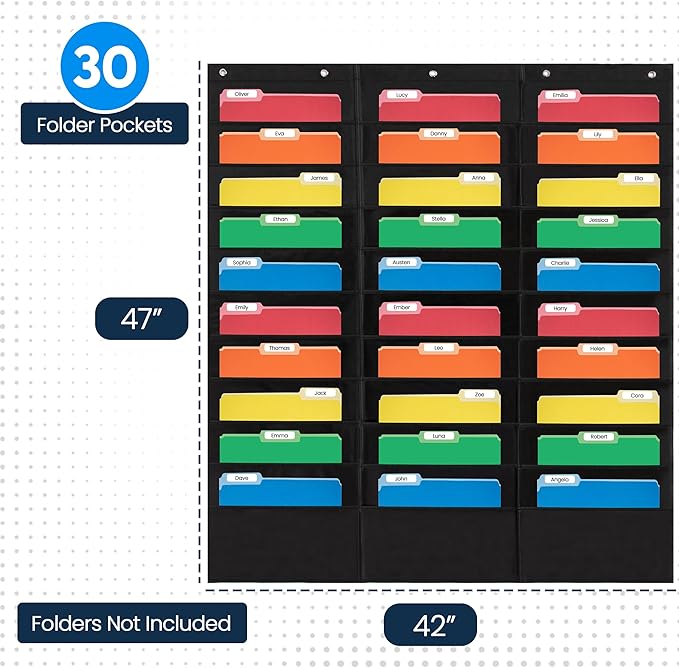 30 Pocket File Pocket Chart, Black, 42" Wide x 47" Tall - Versatile Wall Hanging File Folder Organizer for Classroom, Office, Home, and More - Wall Folder Organizer - 30 Pockets