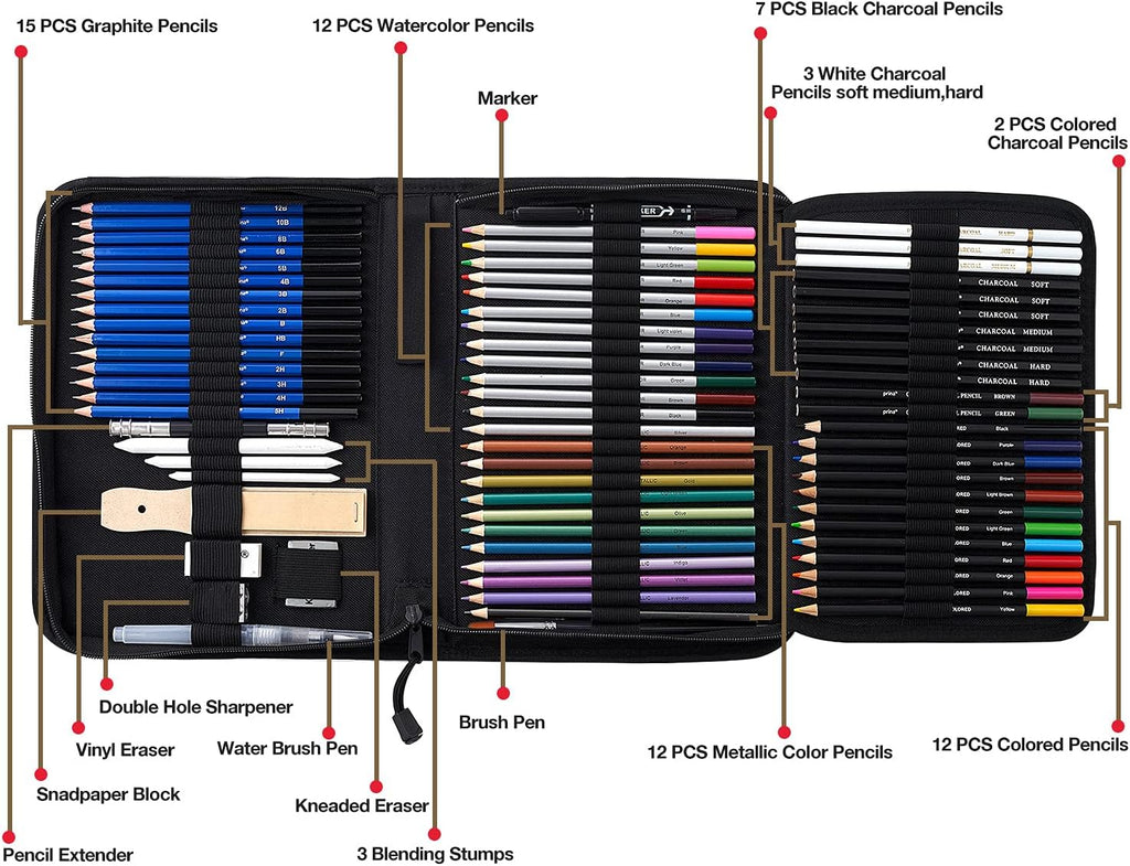 Prina 76 Pack Drawing Set Sketching Kit, Pro Art Supplies with 3-Color Sketchbook, Include Tutorial, Colored, Graphite, Charcoal, Watercolor & Metallic Pencil, for Artists Adults Teens Beginner
