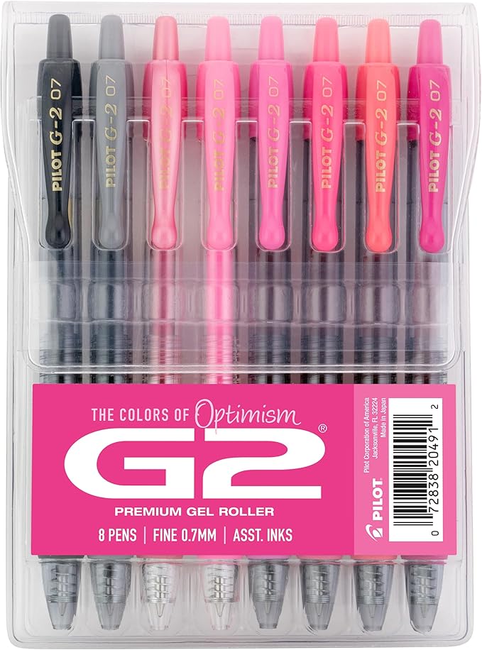 Pilot, G2 Premium Gel Roller Pens, G2 Boost Pink Pack, The Colors of Optimism, 8 Pack Pouch, Fine Point 0.7 mm, Assorted