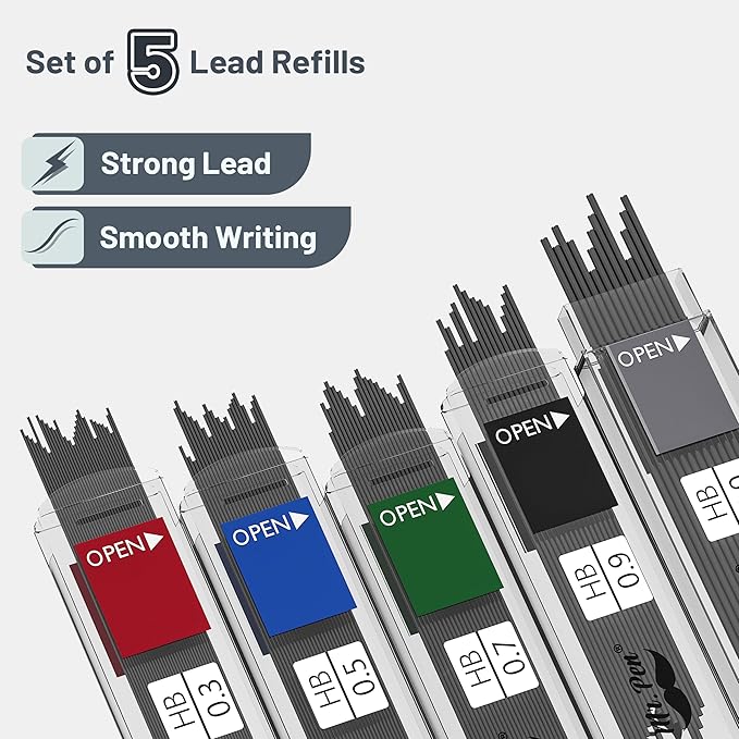Mr. Pen Mechanical Pencil Set with Lead and Eraser Refills, 5 Sizes - 0.3, 0.5, 0.7, 0.9 and 2 Millimeters, Drafting, Sketching, Illustrations, Architecture, Drawing Mechanical Pencils