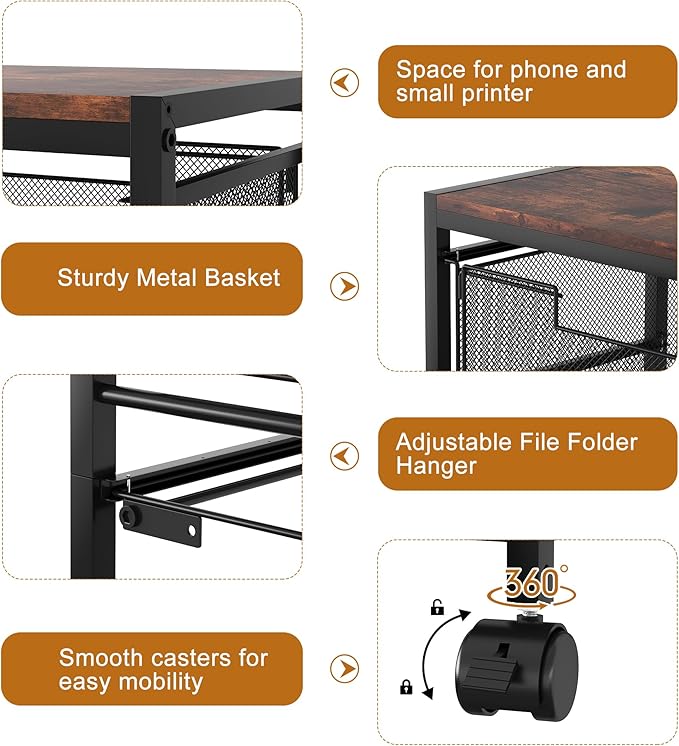 EasyPAG Rolling File Storage Drawer Cart with Wheels Letter & Legal Size Hanging File Folder Rack Mobile File Folder Rack with Pull-Out Drawer for Home Office 1 Folder Rack and 2 Small Drawers, Black