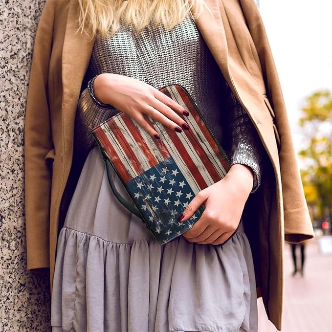 Lotusorchid American Flag Print Bible Case for Men, Zippered PU Bible Book Cover with Handle Pocket Portable Bible Cover Case Bible Cover Carrier Carrying Organizer Bag for Women, L